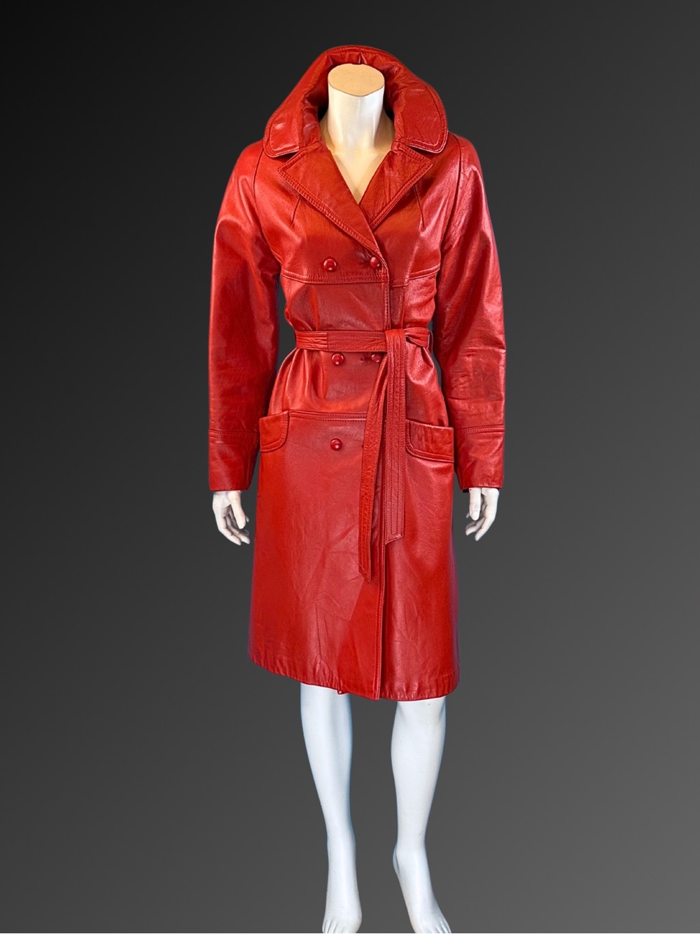 1970s Red Genuine Leather Mod Boho Trench Coat | S M